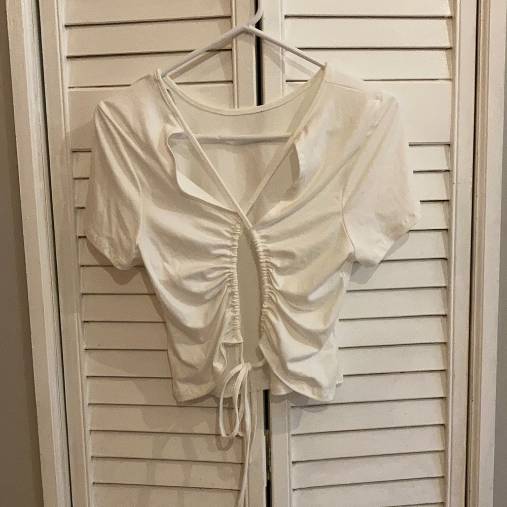 White short sleeve crop top strappy open back